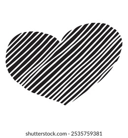 Geometric heart hand-drawn doodle icon silhouette. Black solid color, diagonal lines. Valentine's, love, romantic, anniversary, wedding