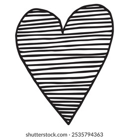 Geometric heart hand-drawn doodle icon silhouette. Black solid color, horizontal lines. Valentine's, love, romantic, anniversary, wedding