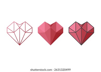 Conjunto de ícones geométricos do coração - Símbolos de amor de polígono baixo em contorno e estilos de cor