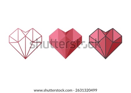 Geometric Heart Icon Set – Polygon Low Poly Love Symbols in Outline and Color Styles