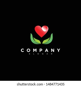 geometric heart and leaf logo design vector, combined green and red color in black background. change able color and work well in both dark and light background
