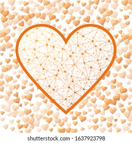 Geometric heart mesh in yellow, orange, and brown color shades, yellow, orange, and brown connections. Artistic network style vector illustration.