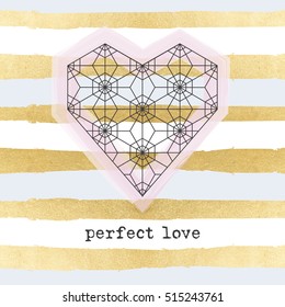 Geometric heart on striped background. Sacred geometry design. Valentine card, T-shirt, tattoo design.