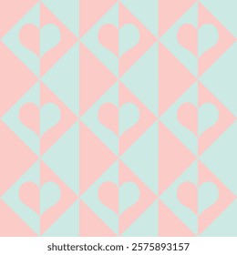 Geometric heart pattern in soft pastel pink and turquoise tones. A seamless design ideal for Valentine's Day, wedding invitations, gift wrap, home decor, and digital backgrounds. Seamless vector.