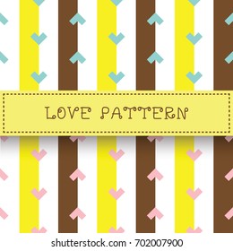 Geometric heart seamless pattern on striped background.
