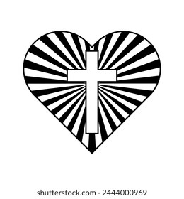 Geometric heart shape. Christian cross symbol. Religious emblem. Contrast radial lines. Vector illustration. EPS 10.