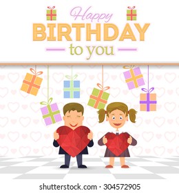 Geometric Heart Symbol Hold Kids, Happy Birthday to You Concept Flat Vector Poster or Card