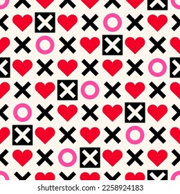 Geometric heart and text "xoxo" seamless pattern design for valentine’s day.