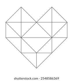 Geometric heart of triangles. Polygonal heart shape template. Black linear silhouette. Coloring pages, puzzles, holidays. Linear simple illustration.