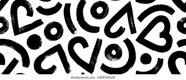 Geometric hearts with circles seamless banner. Romantic abstract geometric background with brush drawn bold hearts. Vector retro illustration for Valentine's day. Love motif seamless pattern.