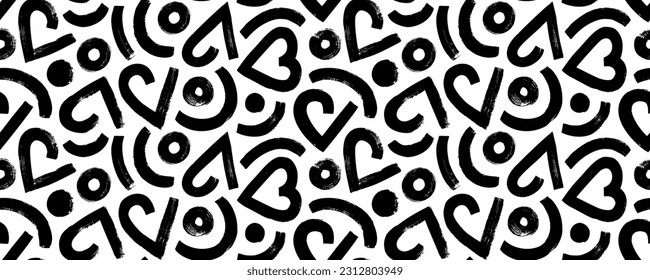 Geometric hearts with circles seamless banner. Romantic abstract geometric background with brush drawn bold hearts. Vector retro illustration for Valentine's day. Love motif seamless pattern.