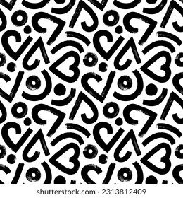 Geometric hearts with circles seamless pattern. Romantic abstract geometric background with brush drawn bold hearts. Vector retro illustration for Valentine's day. Love motif ornament.