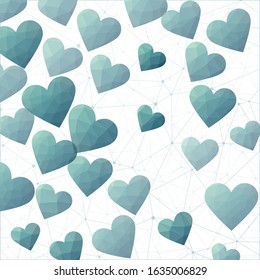 Geometric Hearts confetti. Polygonal hearts in dark mint colors. Amazing digital design. Classy vector illustration.
