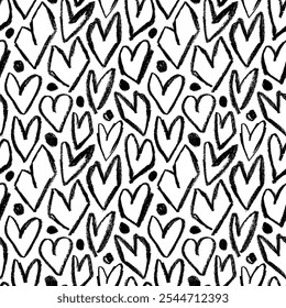 Geometric hearts with dots seamless pattern. Crayon drawn geometric romantic motif background for wrapping paper. Rough shaped hearts for punk or grunge wallpaper. Hand drawn Valentine's day decor.