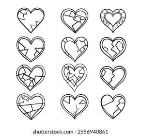 Geometric hearts icon set. Hand-drawn doodle cracked hearts. for Valentine's Day design. Broken heart outlined silhouette for stickers, coloring pages, tattoo.