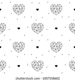 Geometric hearts seamless pattern on white background for Valentine's Day. Triangle or polygonal style. Black and white design