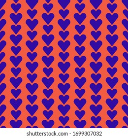 Geometric hearts seamless pattern in trendy bright colors on orange background. Trendy minimalist background with bright bluish violet hearts. Flat and simple 80s style design. Vector illustration.