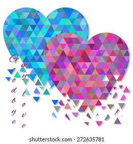 Geometric hearts and text Goodbye my love. Illustration of heart falling apart. Two hearts of triangles isolated on white. 