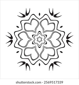 Geometric Heart-Shaped Mandala with Intricate Symmetrical Patterns and Flowing Ornamental Radial Design