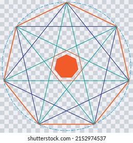 Geometric heptagon. Isolated vector of heptagram. Polygon shape. Heptagon on transparent background.