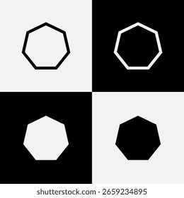 A ilustração vetorial do conjunto de formas de heptágono geométrico apresenta estilos de contorno e preenchimento sólido em preto e branco, ideal para planos de fundo abstratos, padrões digitais e projetos de design gráfico.