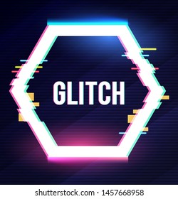Geometric hexagon banner with glitch effect and shining lights.