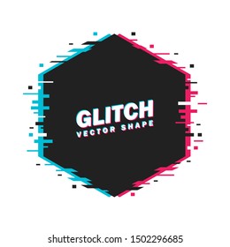 Geometric hexagon banner with glitch effect and shining lights. Vector illustration. White background.
