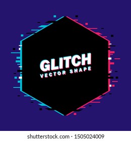 Geometric hexagon banner with glitch effect and shining lights. Vector illustration. Dark purple background