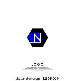 geometric hexagon black and blue N logo letter design concept