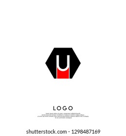 geometric hexagon black and red U logo letter design concept