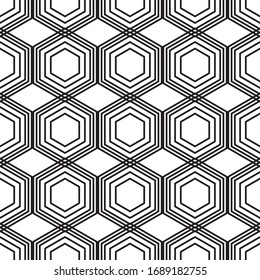 Das geometrische hexagonfarbene Schwarz-Weiß-Muster mit Linien, Streifen.  Vektorillustration, Hintergrund. 