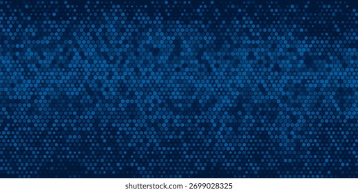 Quadro de meio-tom hexágono geométrico com pontos de gradiente azul no fundo escuro, ideal para design digital, tema de tecnologia moderna e decoração abstrata.