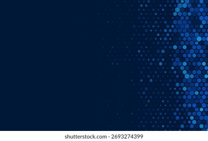 Patrón de semitono hexagonal geométrico con puntos degradados azules que se desvanecen en el fondo oscuro, perfecto para el diseño digital, la textura moderna y el tema de tecnología.