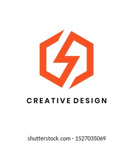 Geometric hexagon lightning bolt logo design vector with line art style