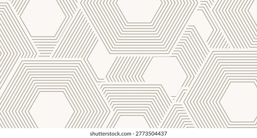 Geometric hexagon lines seamless pattern on beige colour background. 