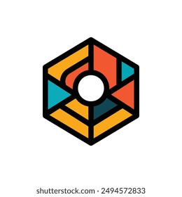 Geometric hexagon logo with colorful, modern, abstract design. Perfect for tech, media, and creative industries. Minimalist and stylish vector illustration.