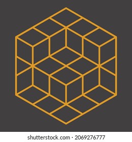 Geometric hexagon motif with 3d cubes forming an optical illusion, orange outline on a gray background, vector illustration