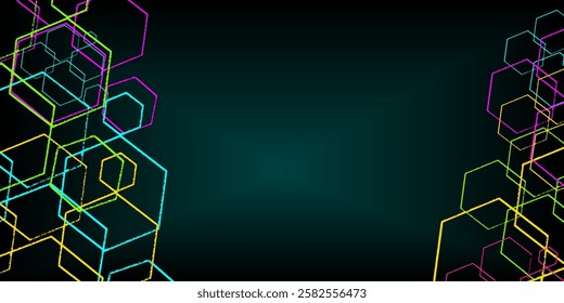 Geometric hexagon network for tech and innovation backgrounds. Futuristic vector art with vibrant innovation aesthetics. Vector illustration