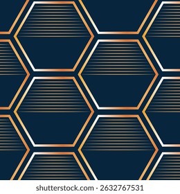 Geometric hexagon pattern with gold lines, blue background, modern luxury style