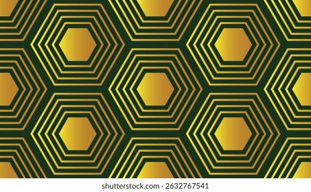 Geometric hexagon pattern with gold lines, green background, modern luxury style, vector illustration