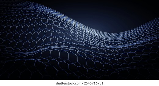 Geometric hexagon pattern lines wavy on dark background. digital tech background vector