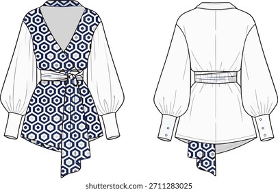 Boceto plano de la blusa del abrigo de la impresión del hexágono geométrico: Dibujo técnico de la moda de la manga hinchada para el coche del diseñador, con el dobladillo asimétrico atado y el detalle de la cintura del corsé
