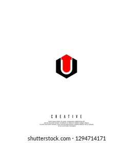 geometric hexagon red and black U logo letter design concept 