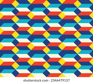 Diseño de patrones sin soldadura de hexágono geométrico en vectores de paleta de colores azul, rojo y amarillo brillante