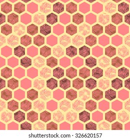 Geometric hexagon seamless pattern with palm leaves in pink color