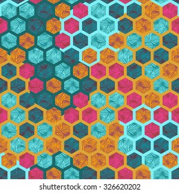 Geometric hexagon seamless pattern with palm leaves in blue, pink and yellow colors