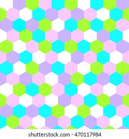 Geometric hexagon seamless vector pattern in pink, green, blue, white and  purple colors.