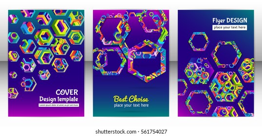 Geometric hexagon shape brochure background. Chaotic colorful cover report design. Modern hexagon pattern flyer. Colorful mixed geometric shapes for folder. Vector eps 10