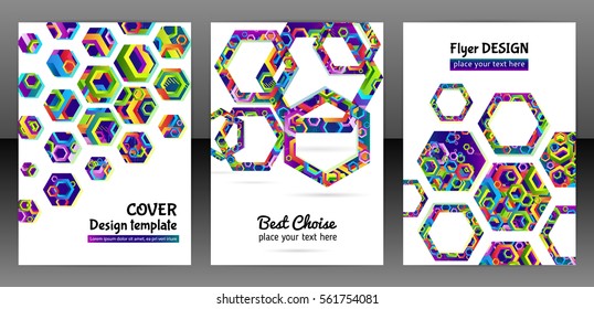 Geometric hexagon shape brochure background. Chaotic colorful cover report design. Modern hexagon pattern flyer. Colorful mixed geometric shapes for folder. Vector eps 10