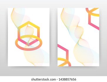 Geometric hexagon shape with pink yellow waving lines design for annual report, brochure, flyer, poster. Yellow wave lined background vector illustration leaflet, poster. Abstract A4 brochure template